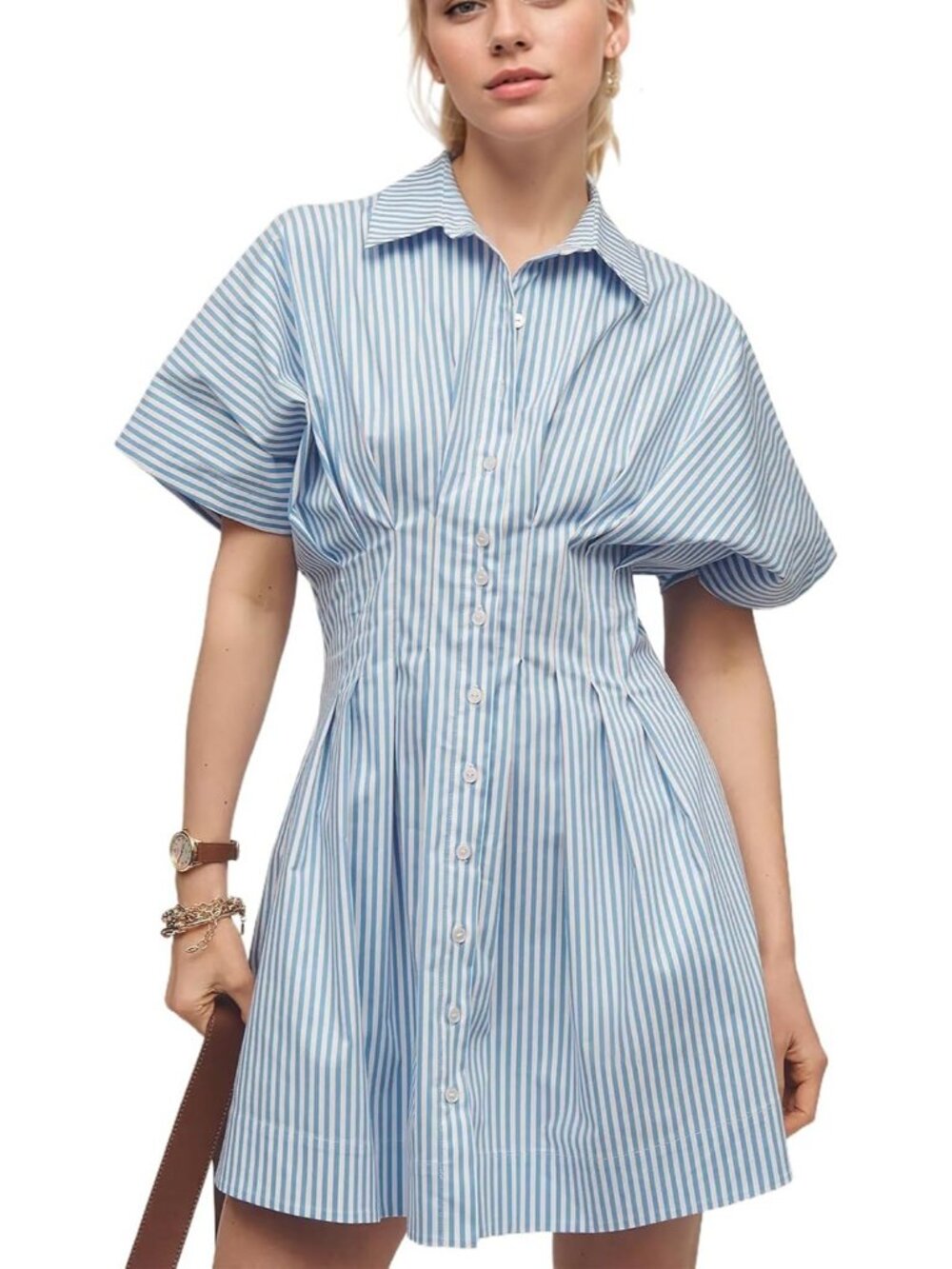 Women's Blue Straps Down Pleated Shirt Striped Short Sleeve Casual Mini Dress